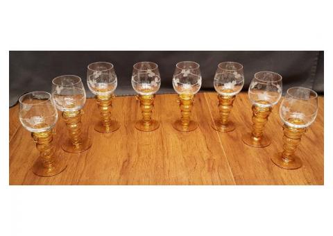 Set of 8 Amber Stemmed Cordial Glasses by Theresienthal Grapes & Vines Etched Crystal?