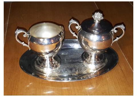 Eales 1779 Silverplate Sheffield Creamer & Sugar Bowl w/ Tray Set Beautiful Scrollwork