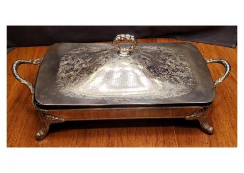 Poole Silver Co. #170 ? Electric Food Warmer w/ Lid & Cord Silverplate Footed Casserole Floral Scrol