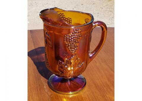 Carnival Glass Indiana ? Amber ? Pitcher Harvest Grapes & Leaves Iridescent Vintage