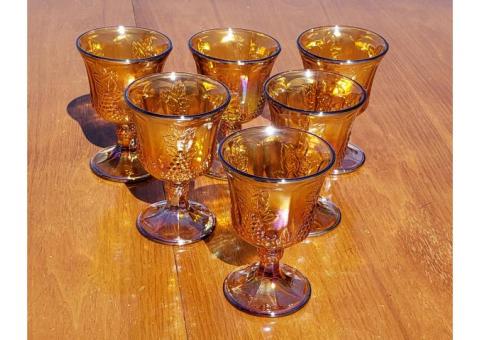 Carnival Glass Indiana ? Amber 6 Glass Set Goblets Harvest Grapes & Leaves Iridescent Vintage
